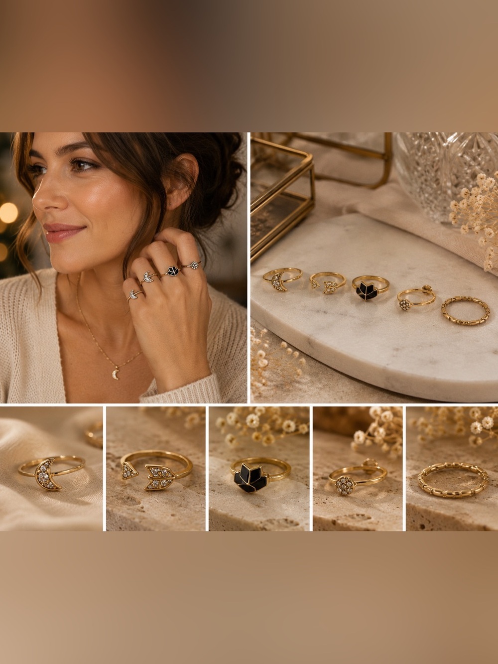 Set of 5 Gold Tone Midi Finger Rings | Stackable Boho Minimalist Set
